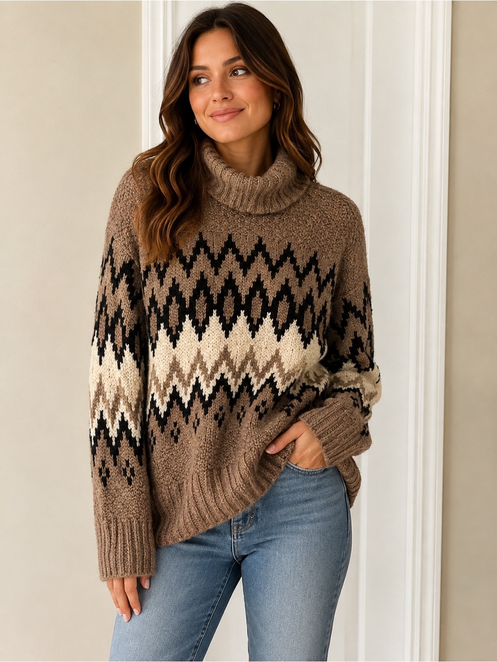 Reiss Chunky Knit Fair Isle Turtleneck Sweater Brown Cream Black Pullover XS